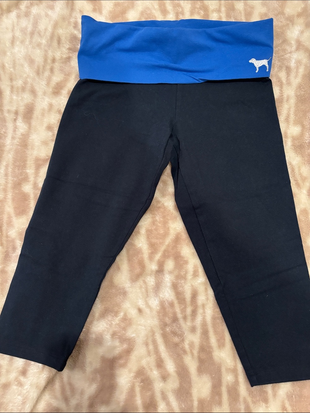 Victoria's Secret Black Leggings with Blue Fold-Over Waistband
